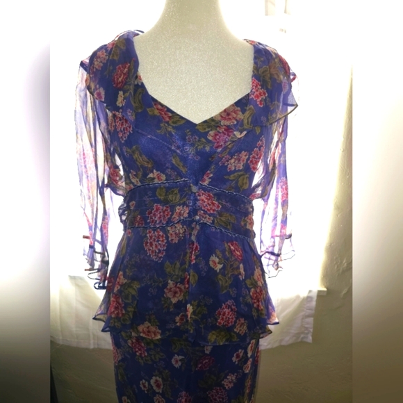 David Warren New York silk purple floral dress w. Semi sheer Cardigan - Picture 2 of 10
